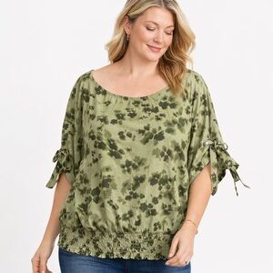 Michael Michael Kors Olive Floral Smocked Blouse – Green – Size 3X